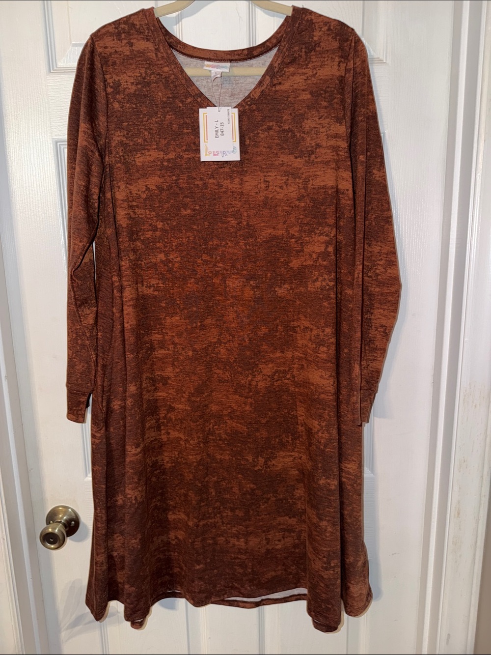 LuLaRoe Emily dress, shades of brown pattern, Large, NEW